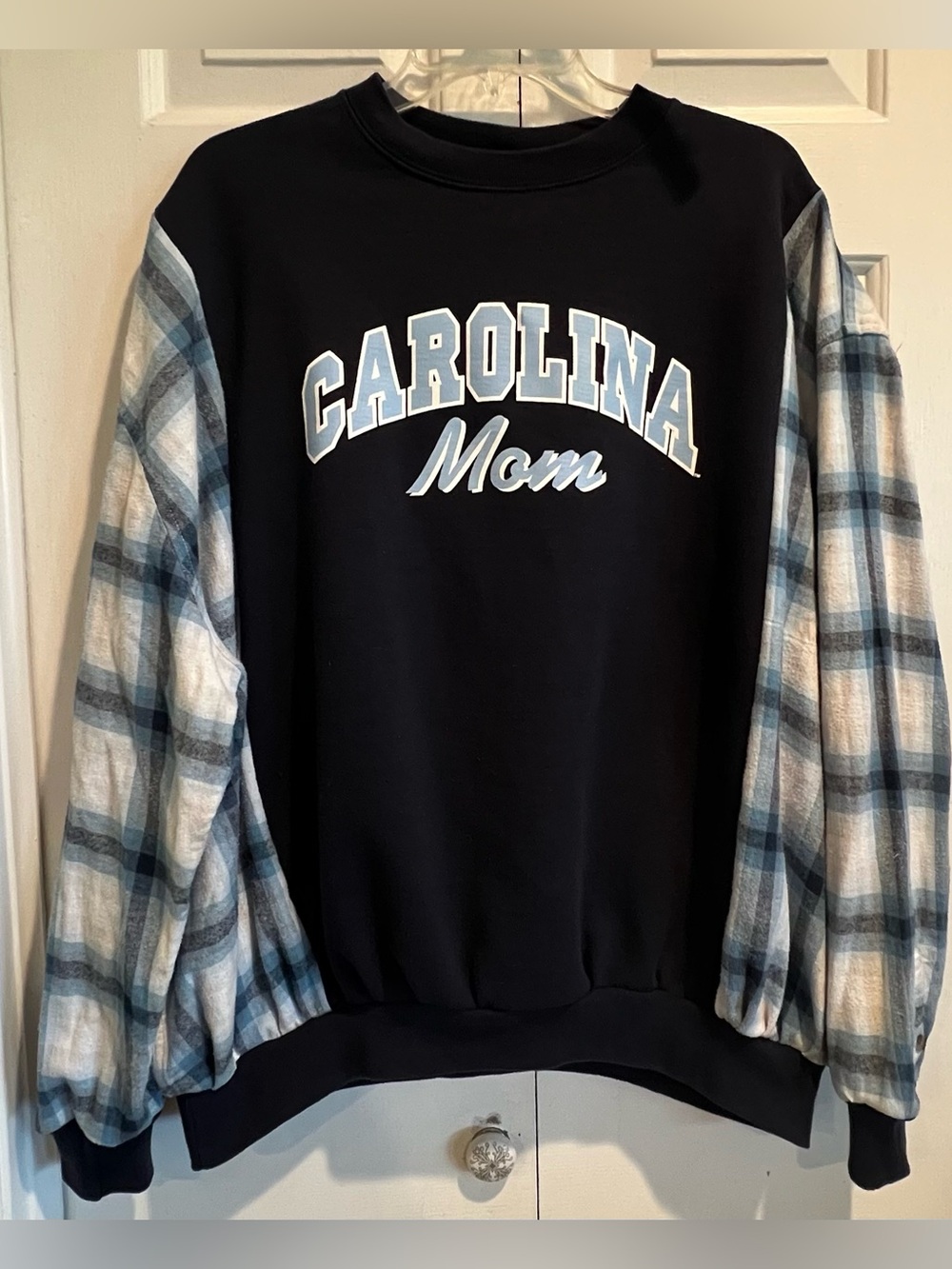 One of a Kind⭐️Upcycled “Carolina Mom” Navy Sweatshirt w Plaid Flannel Sleeves